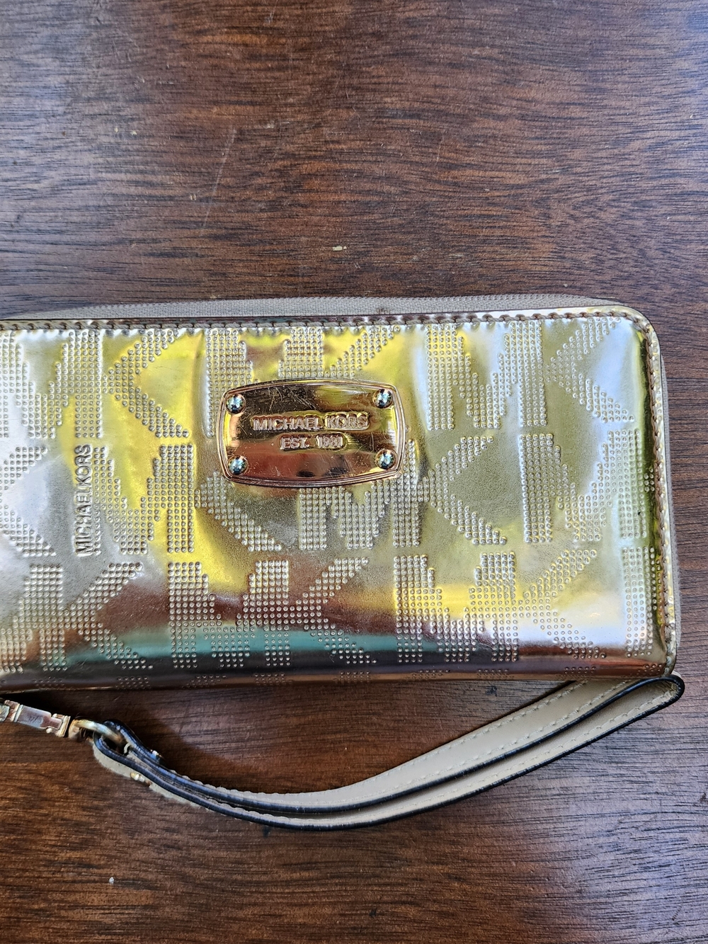 Michael Kors Metallic Gold MK Monogram Jet Set Zip Around Wristlet Wallet